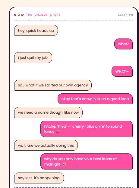 WhatsApp-style conversation showing the origin story of Hitche